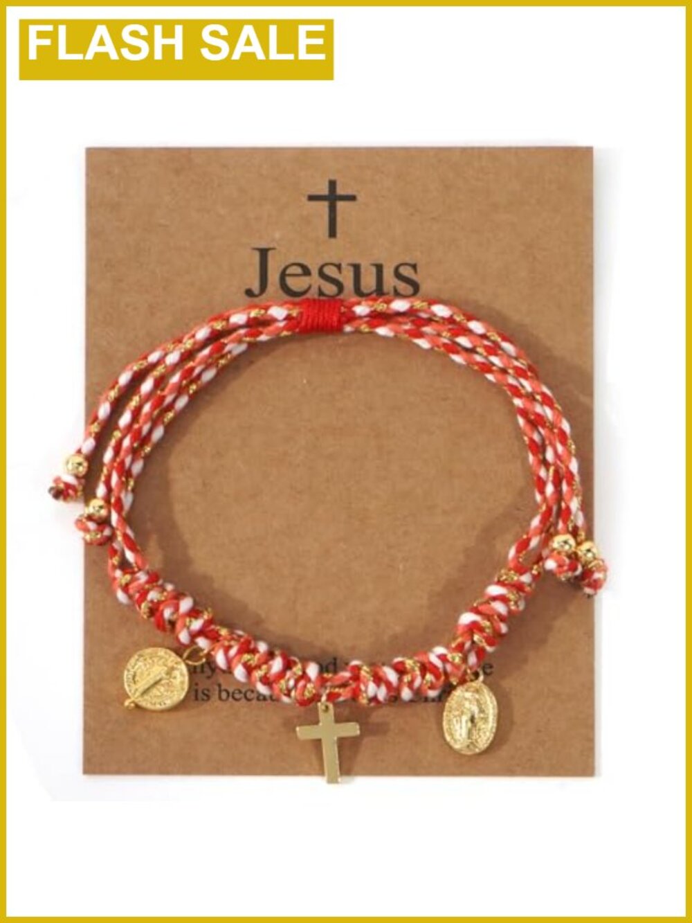 Gold Braid Woven Rope String Bracelet with Cross Jesus Pendant Charm, Adjustable